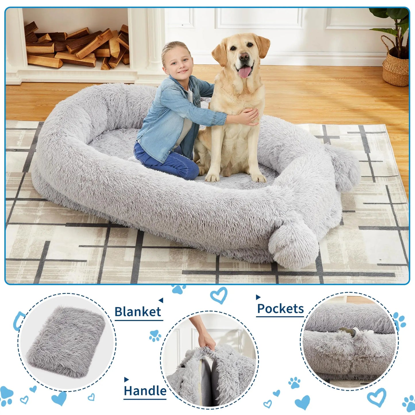 HiMISS Dog Bed With Removable Cover, Storage Pockets, Matching Blanket