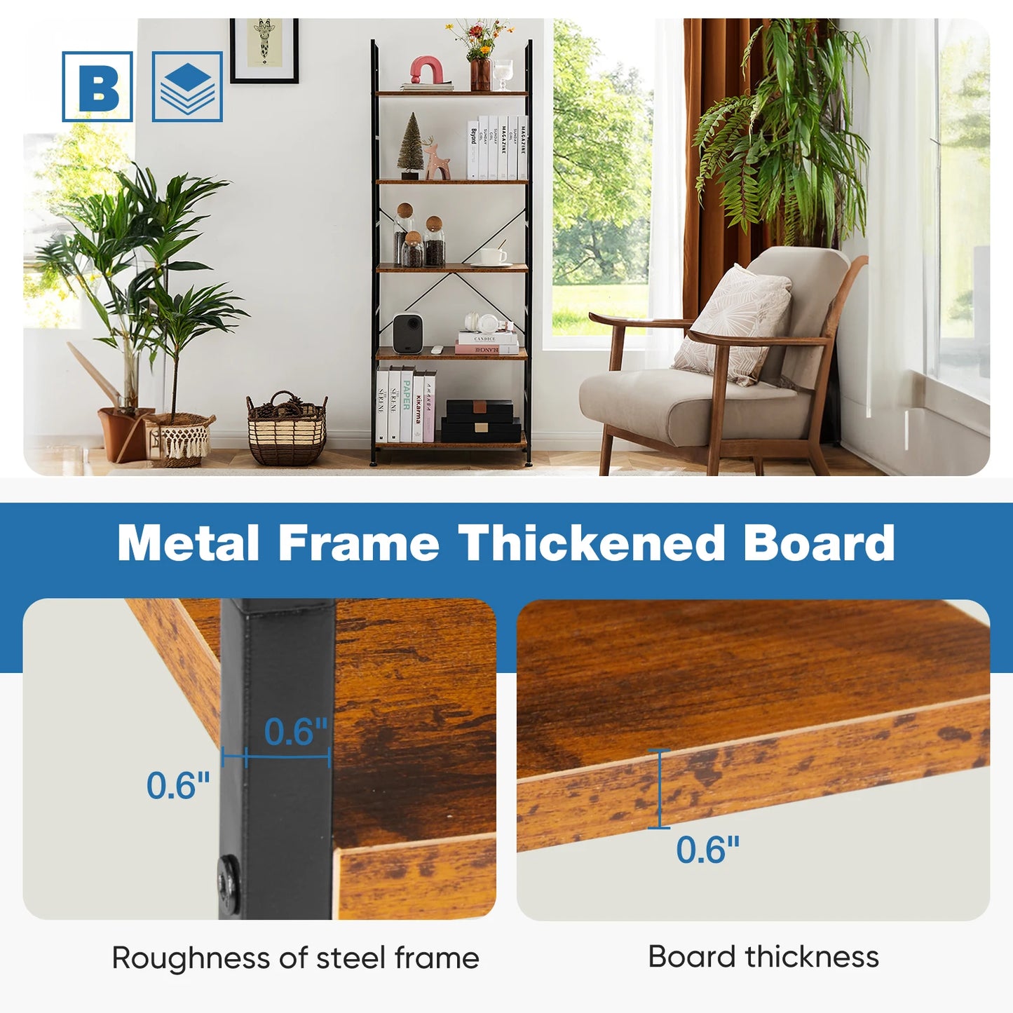 JHK Metal Bookshelf Modern Home Office Corner Storage Organizer