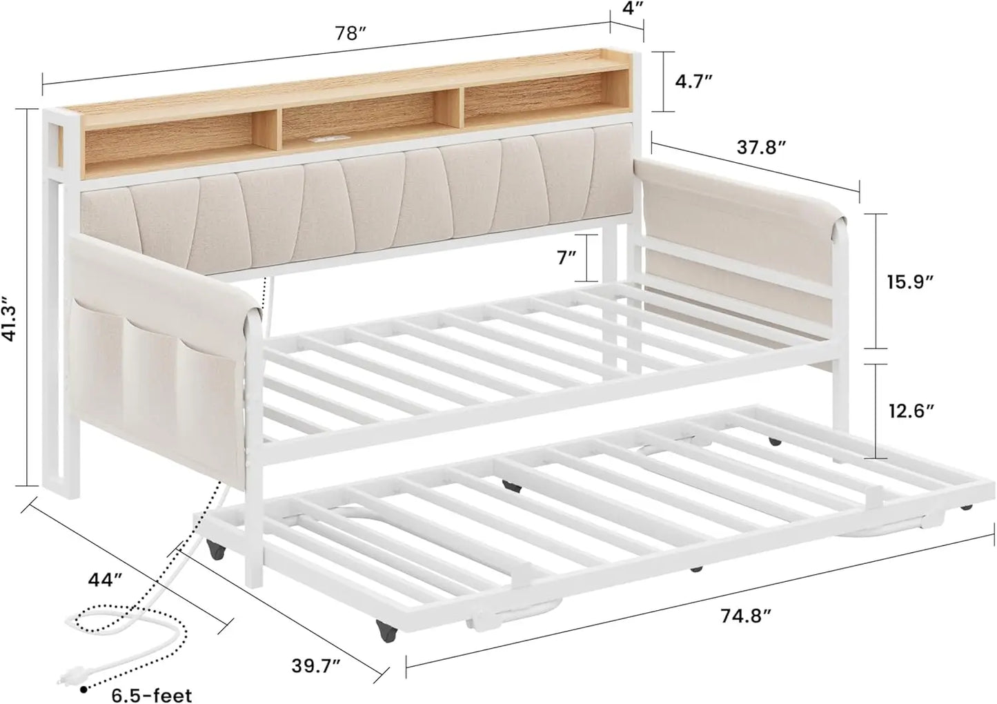 LIKIMIO Daybed with Trundle and Upholstered Headboard with Charging Station
