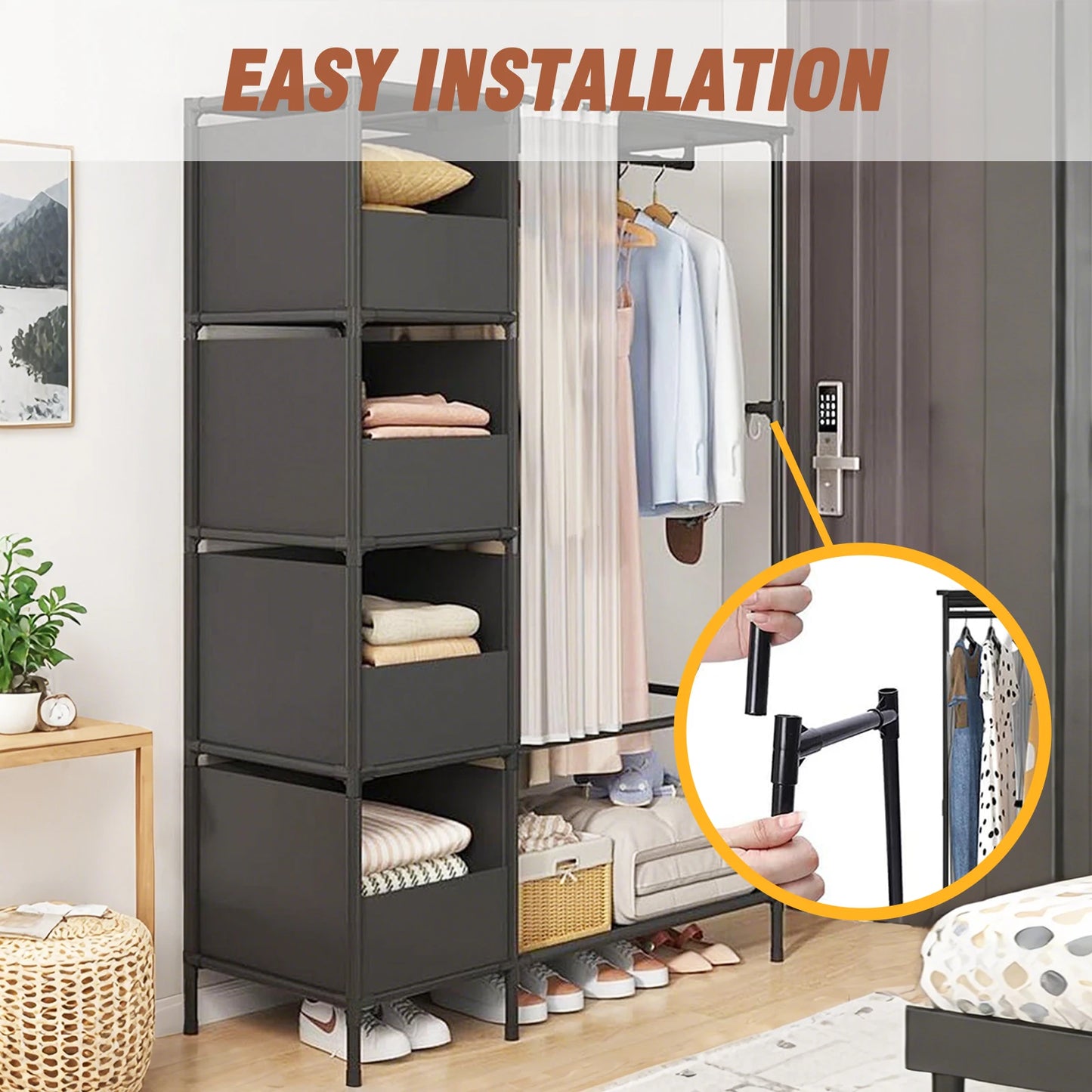Wardrobe Heavy-Duty Portable Freestanding Closet Multipurpose Storage Rack Semi-Open with 4 Storage Drawers Curtain for Bedroom