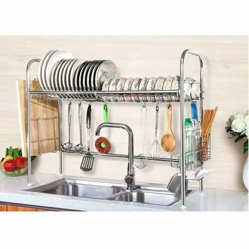 2-Tier Dish Drying Rack Stainless Steel Utensil Holder