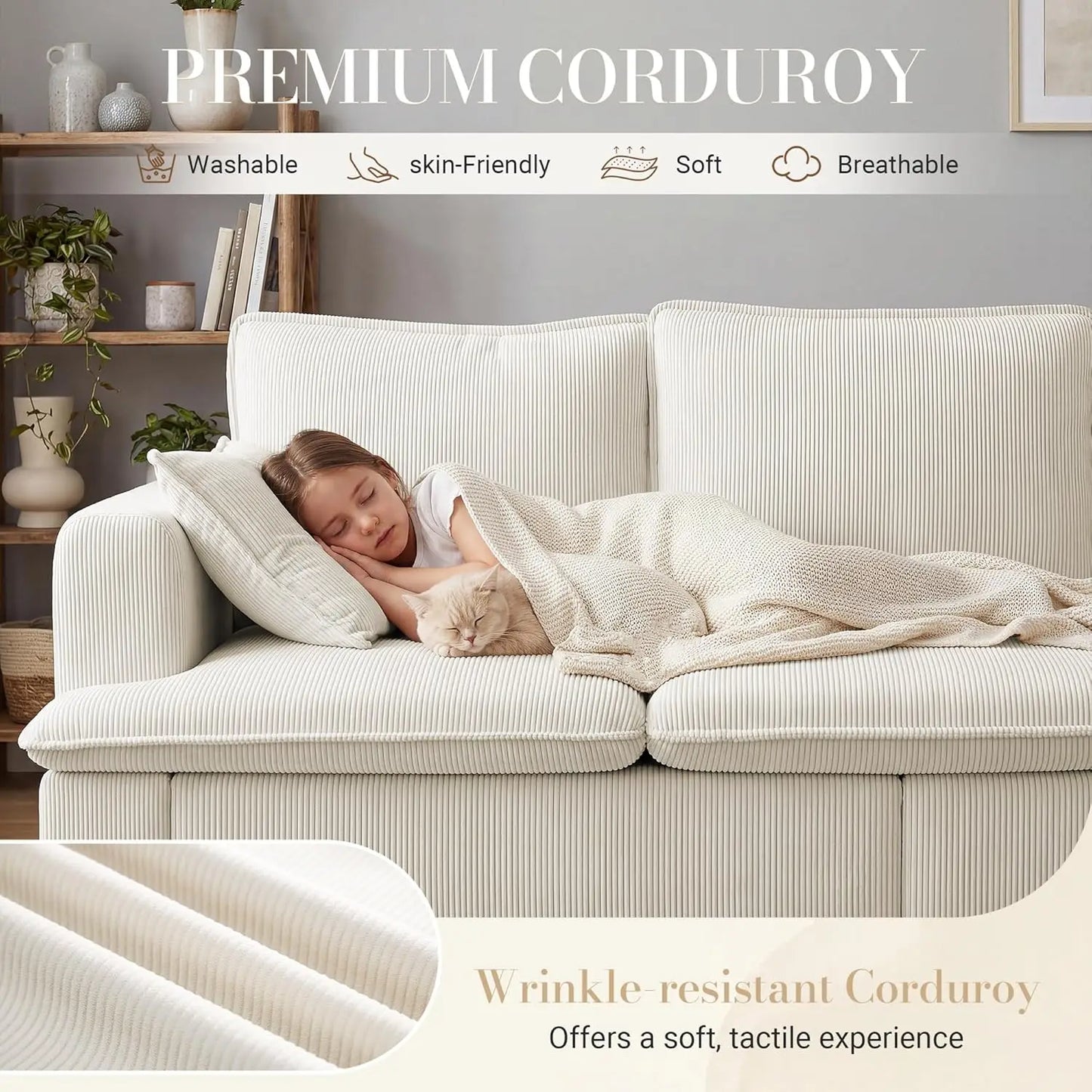 3 Seater Couch, 83" Comfy Corduroy Sofa with Deep Seat, Modern Sofa Couch for Living Room, Office, Bedroom, Apartment, Custom