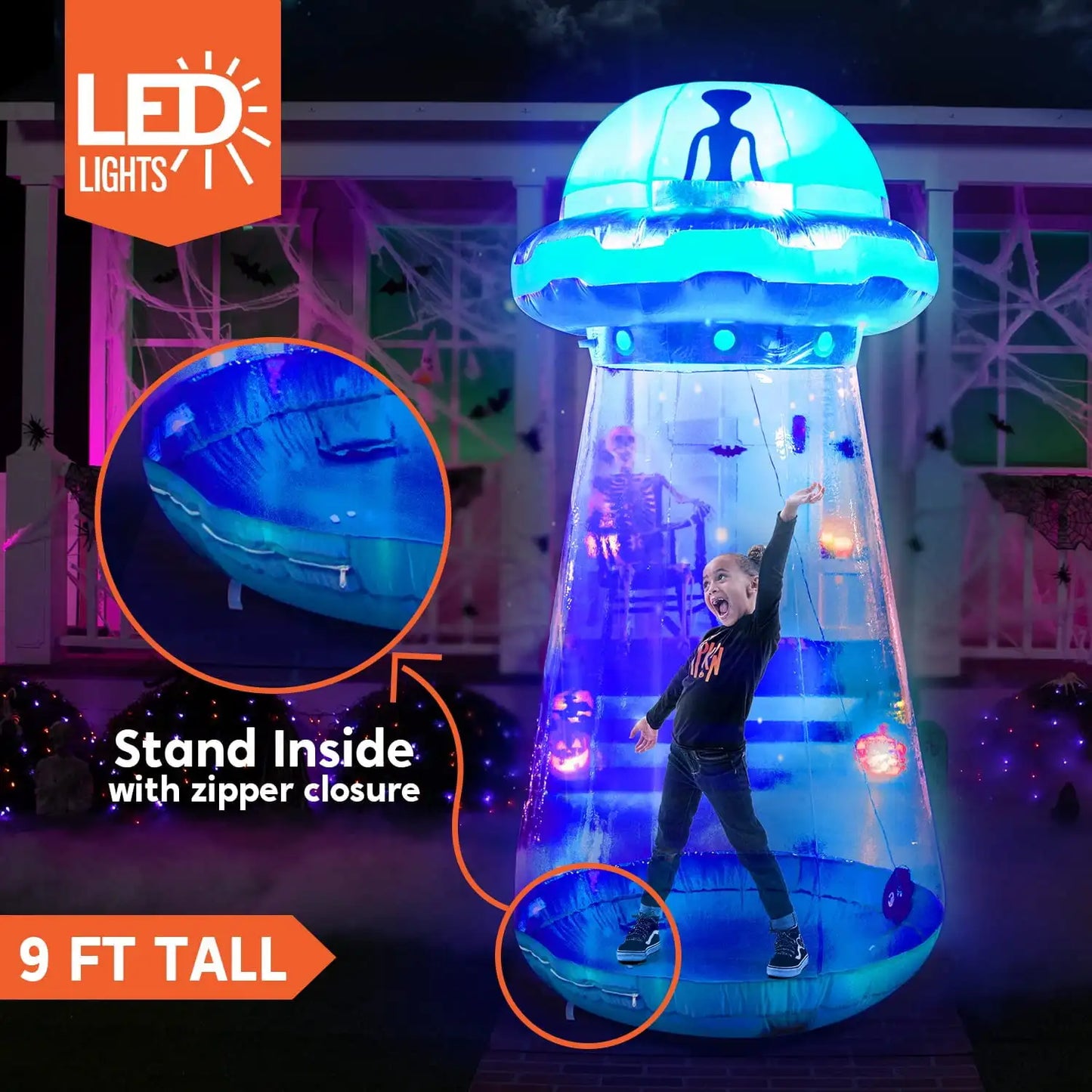 Joyfy 9 ft Halloween Inflatable UFO Alien Decoration for Halloween Decoration with Built-in LED Blow Up Yard Lawn Decoration