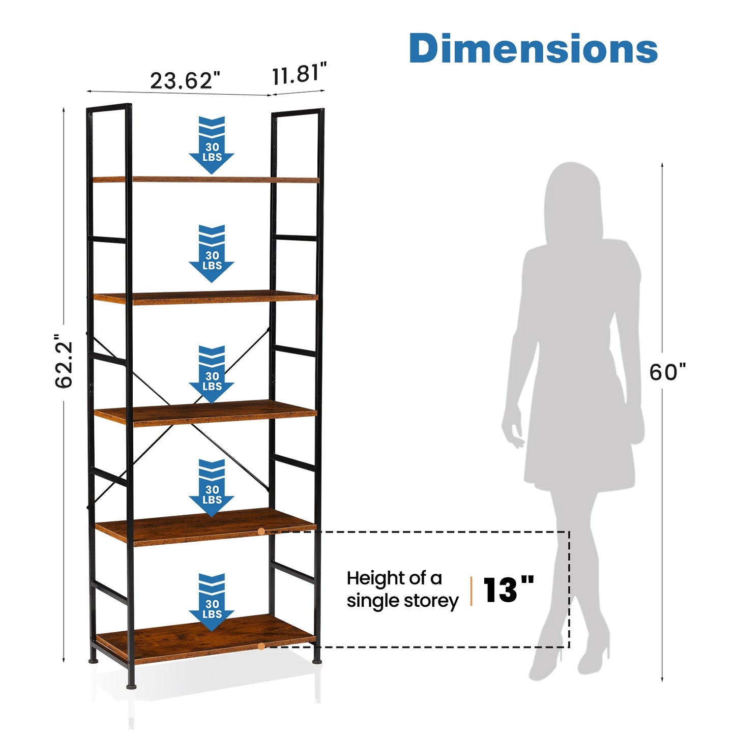 JHK Metal Bookshelf Modern Home Office Corner Storage Organizer