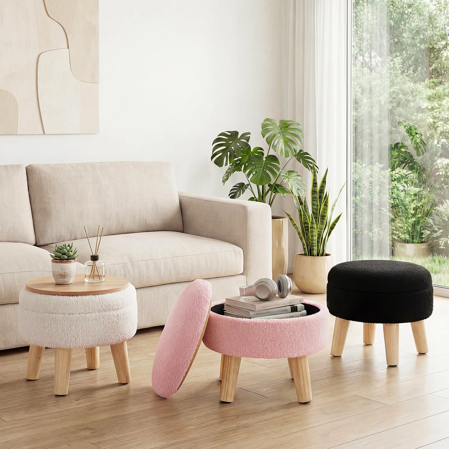 JHK Round Velvet Ottoman With Hidden Storage And Padded Seat