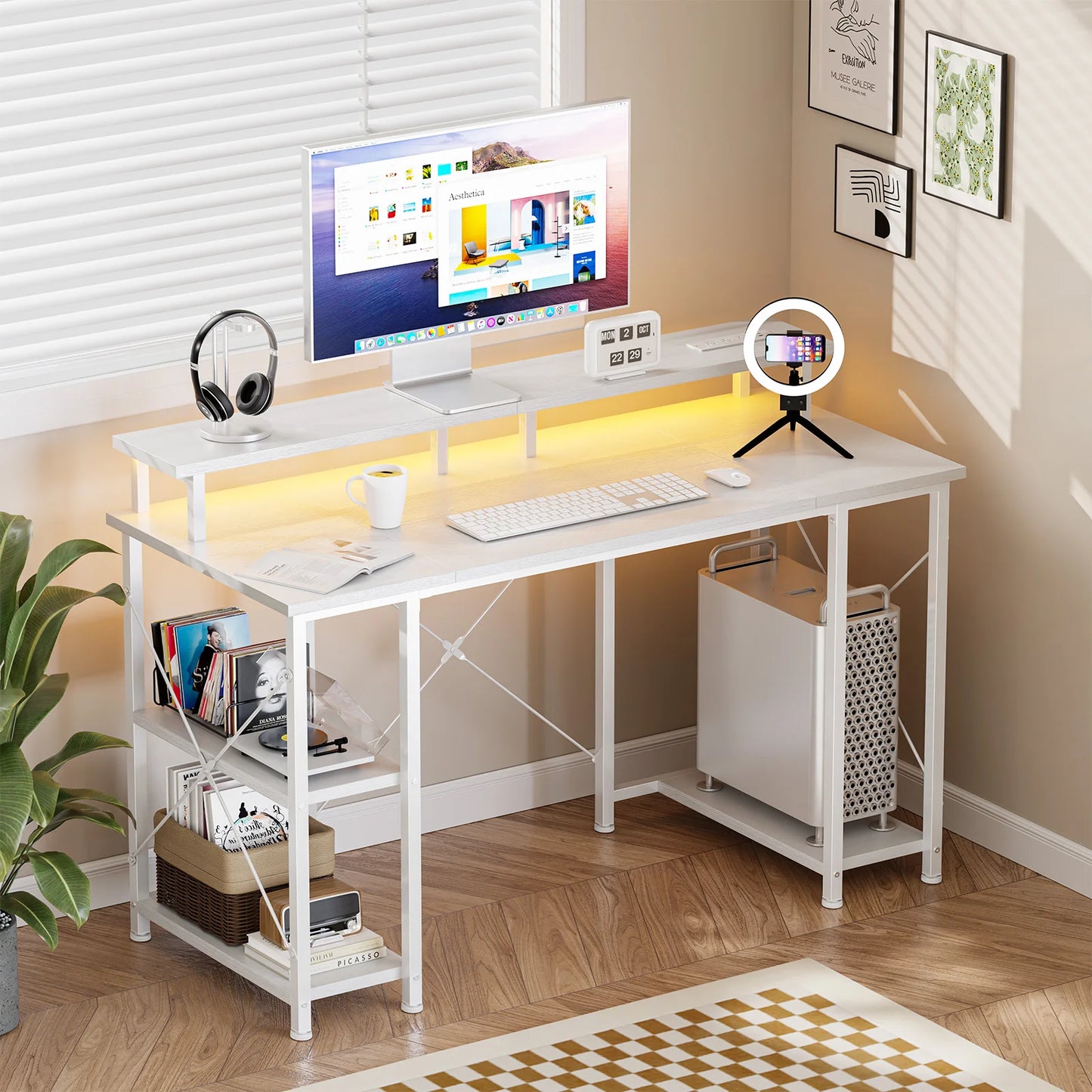 JHK Computer Desk With Shelves, Drawers, LED Lights, Power Outlets