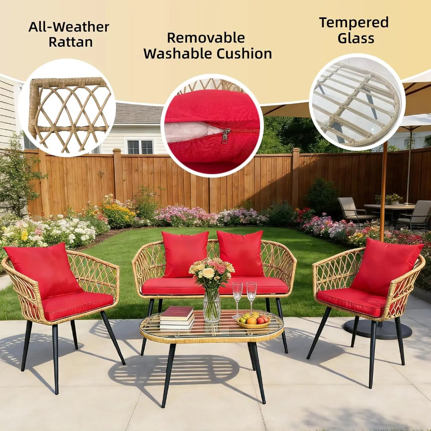 XIAOLANG 4 Piece Outdoor Patio Furniture Set With Glass Table
