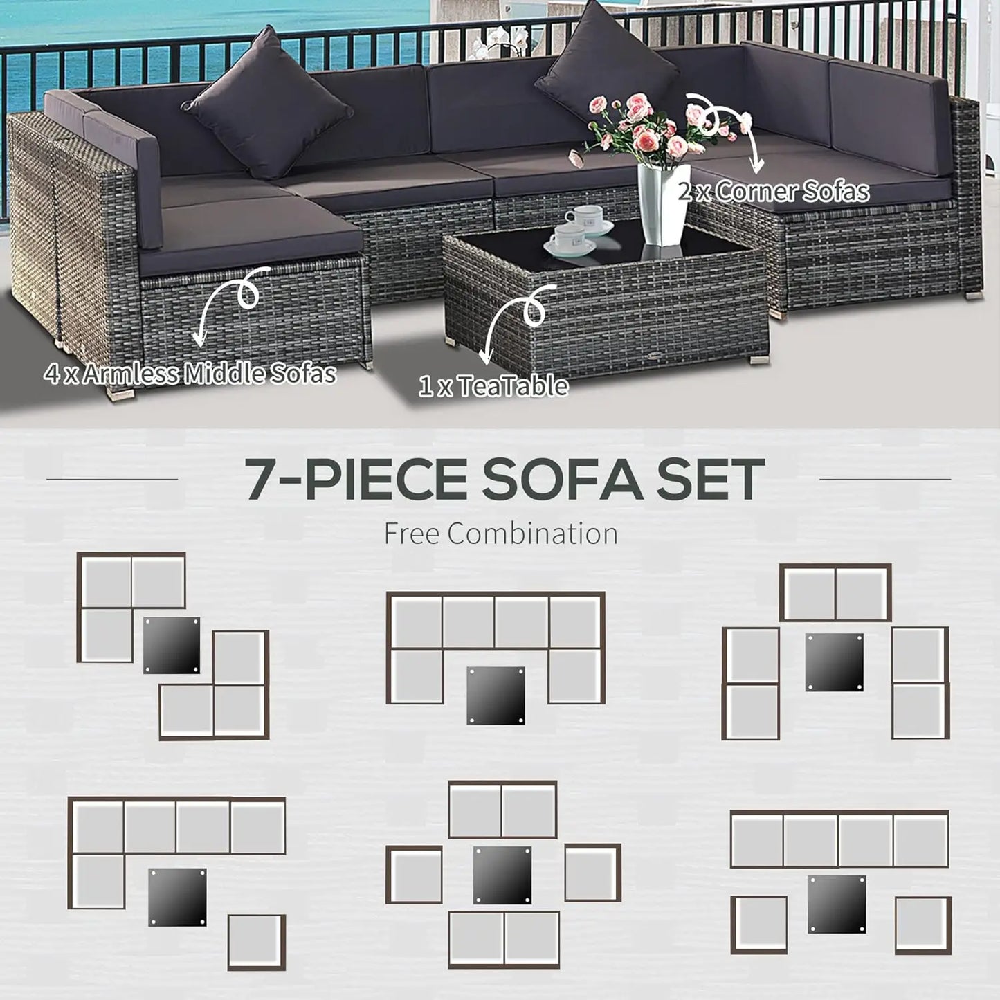 7 Piece PE Rattan Outdoor Sectional Sofa Set With Tempered Glass Table