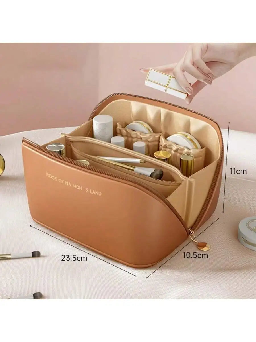 PU Leather Waterproof Cosmetic Bag, Portable Cosmetic Bag, Cosmetics Storage Bag, Large Capacity Spacious Double-Layer Makeup Bag, Suitable For Cosmetics, Skin Care Products, Cosmetic Storage And Storage.