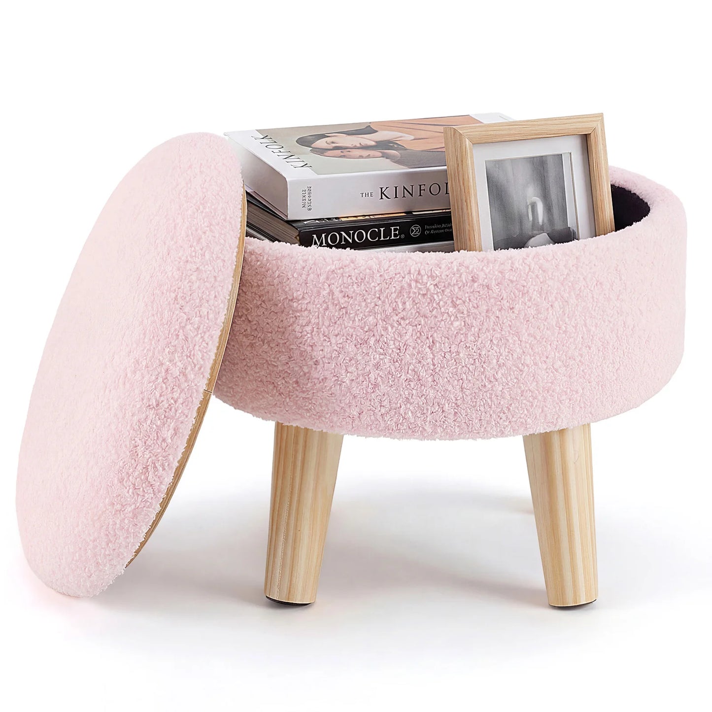 JHK Round Velvet Ottoman With Hidden Storage And Padded Seat