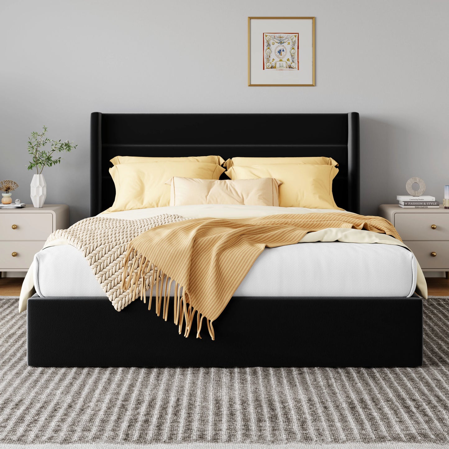HOOMIC Lift Up Storage Bed With Wingback Headboard And Hydraulic