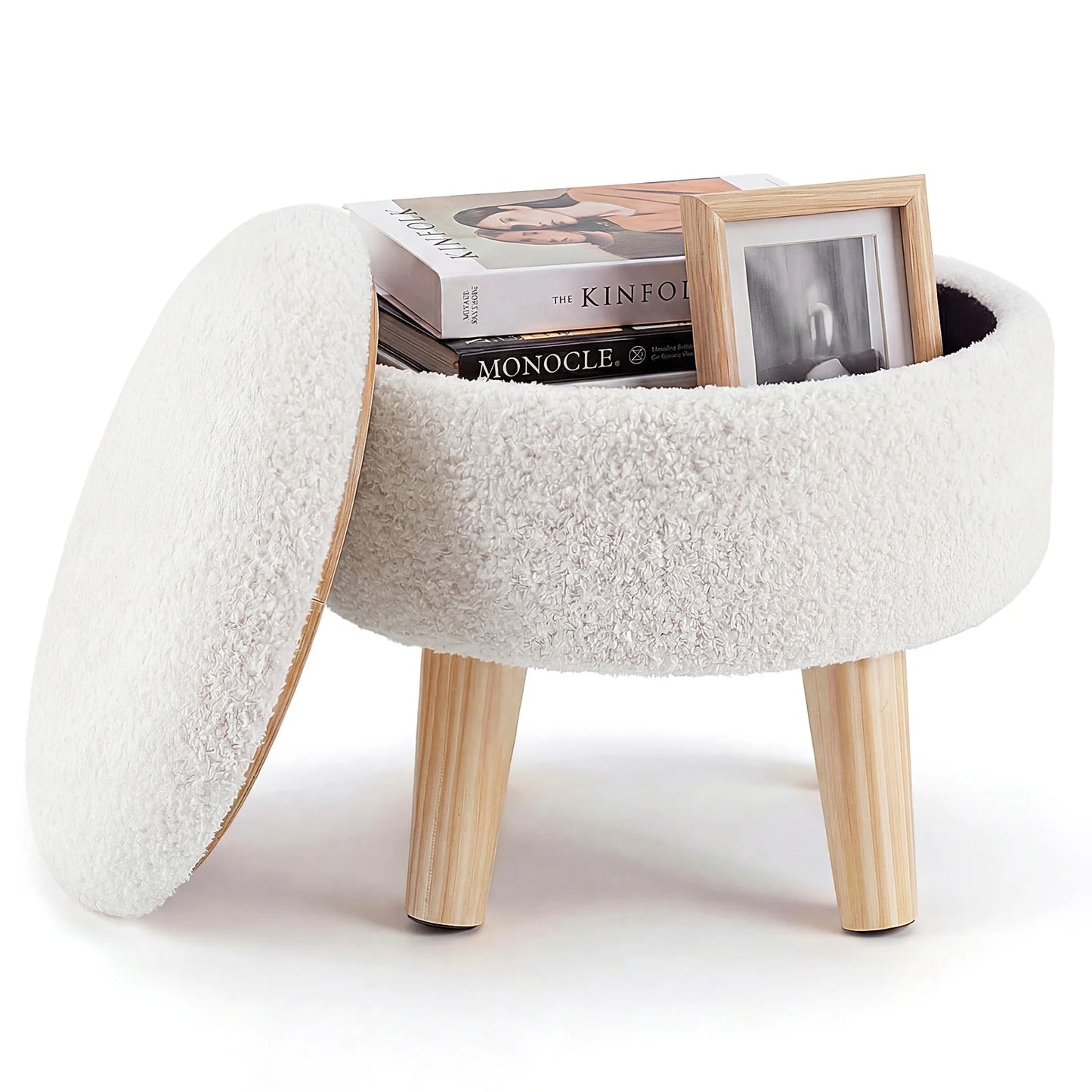 JHK Round Velvet Ottoman With Hidden Storage And Padded Seat