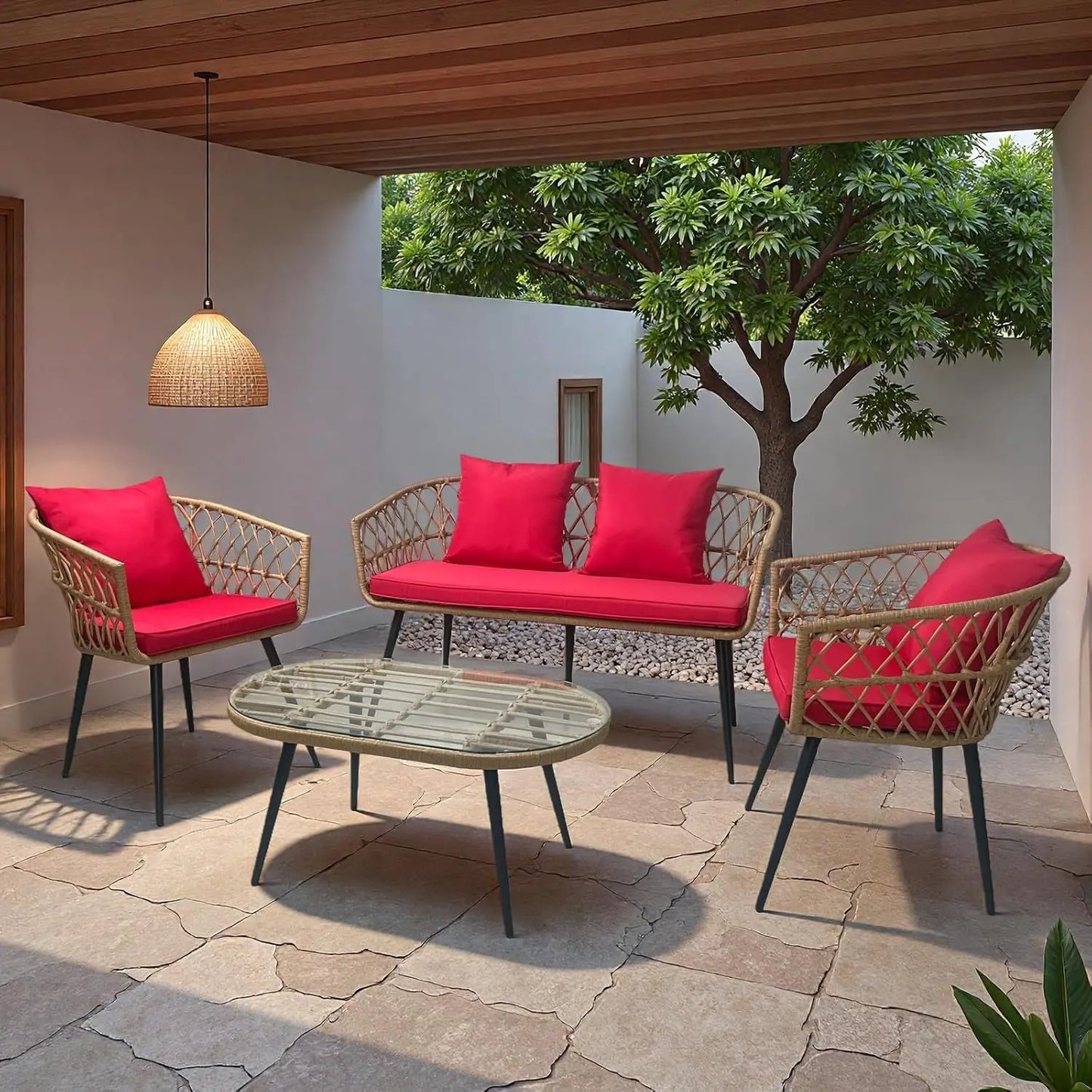 XIAOLANG 4 Piece Outdoor Patio Furniture Set With Glass Table