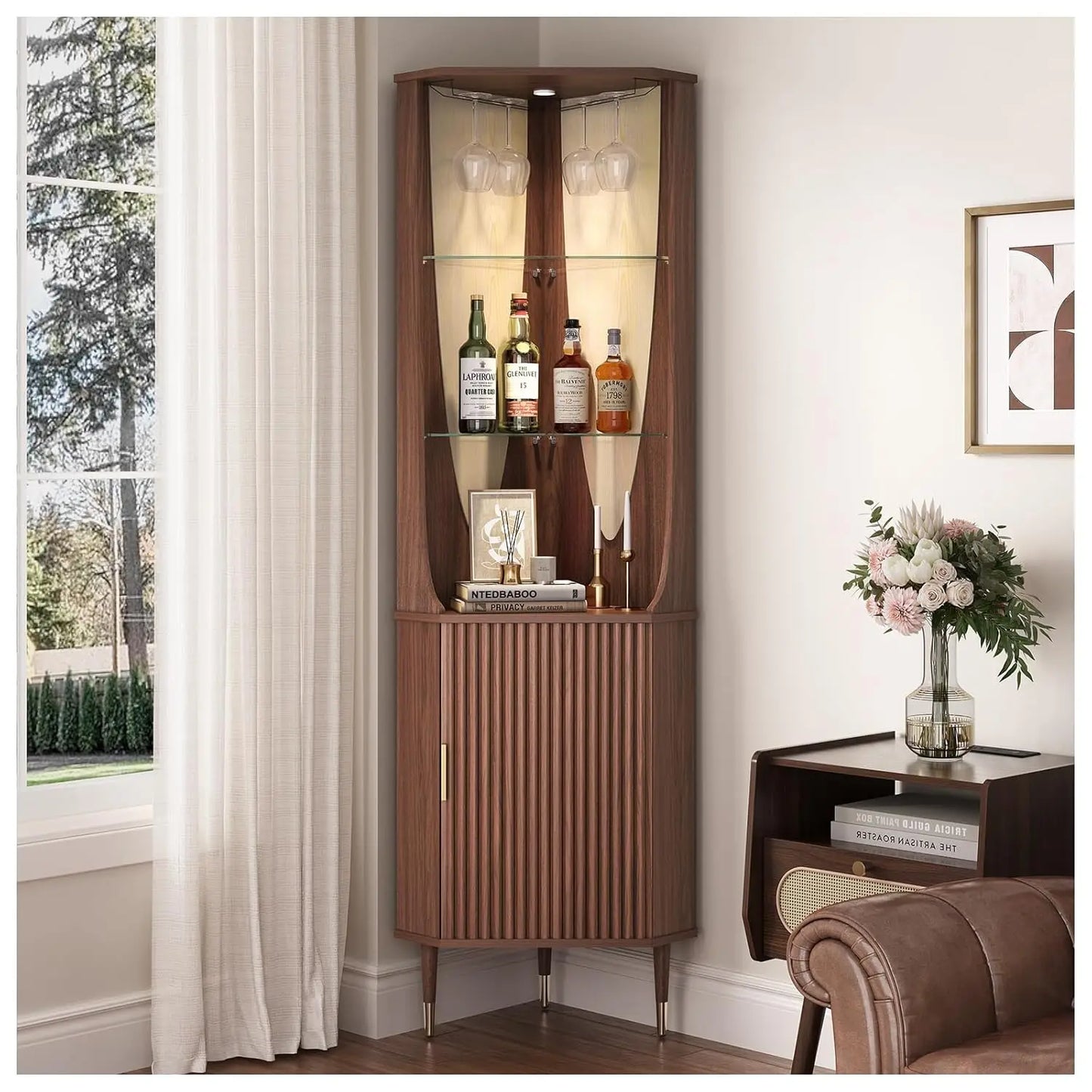 Corner Bar Cabinet With Glass Shelves And LED Lighting