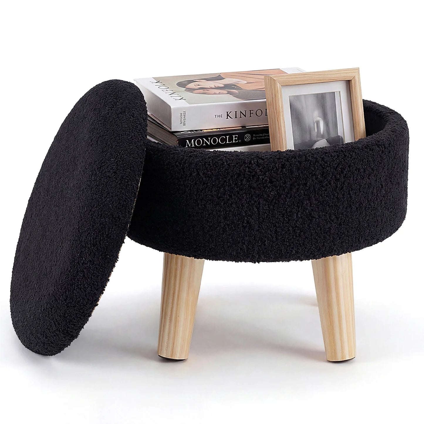 JHK Round Velvet Ottoman With Hidden Storage And Padded Seat
