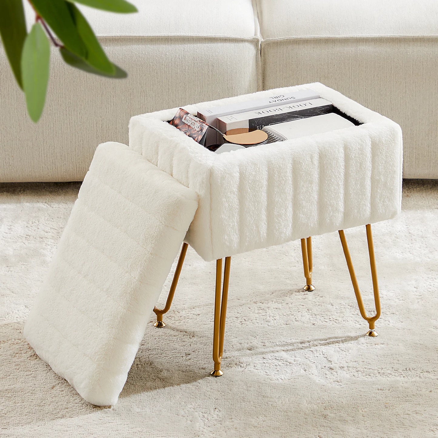 JHK Faux Fur Storage Ottoman With Padded Metal Legs