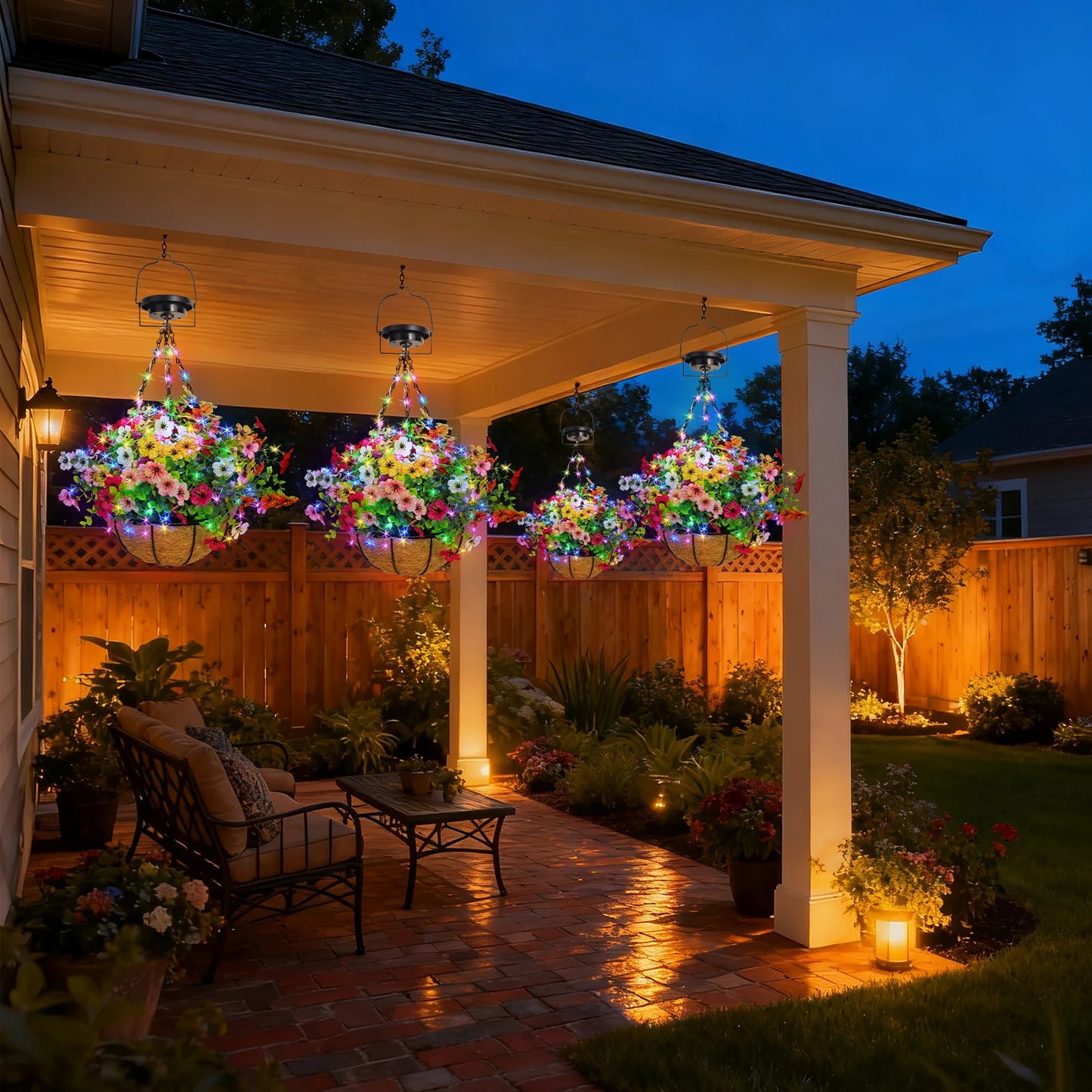 Solar-Powered Hanging Flower Basket Lights RGB Copper Wire