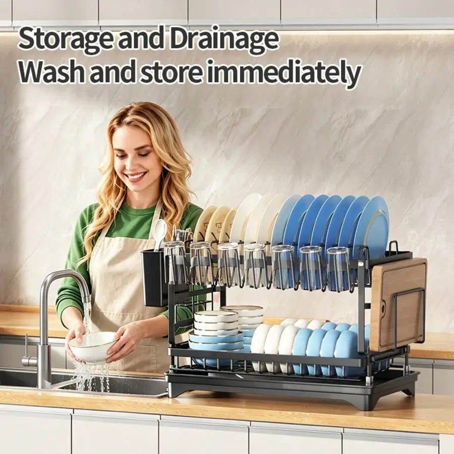 Kusuxva This Double-Layer Metal Kitchen Countertop Dish Rack Is Space-Saving And Durable. It Comes With A Knife And Fork Holder,
