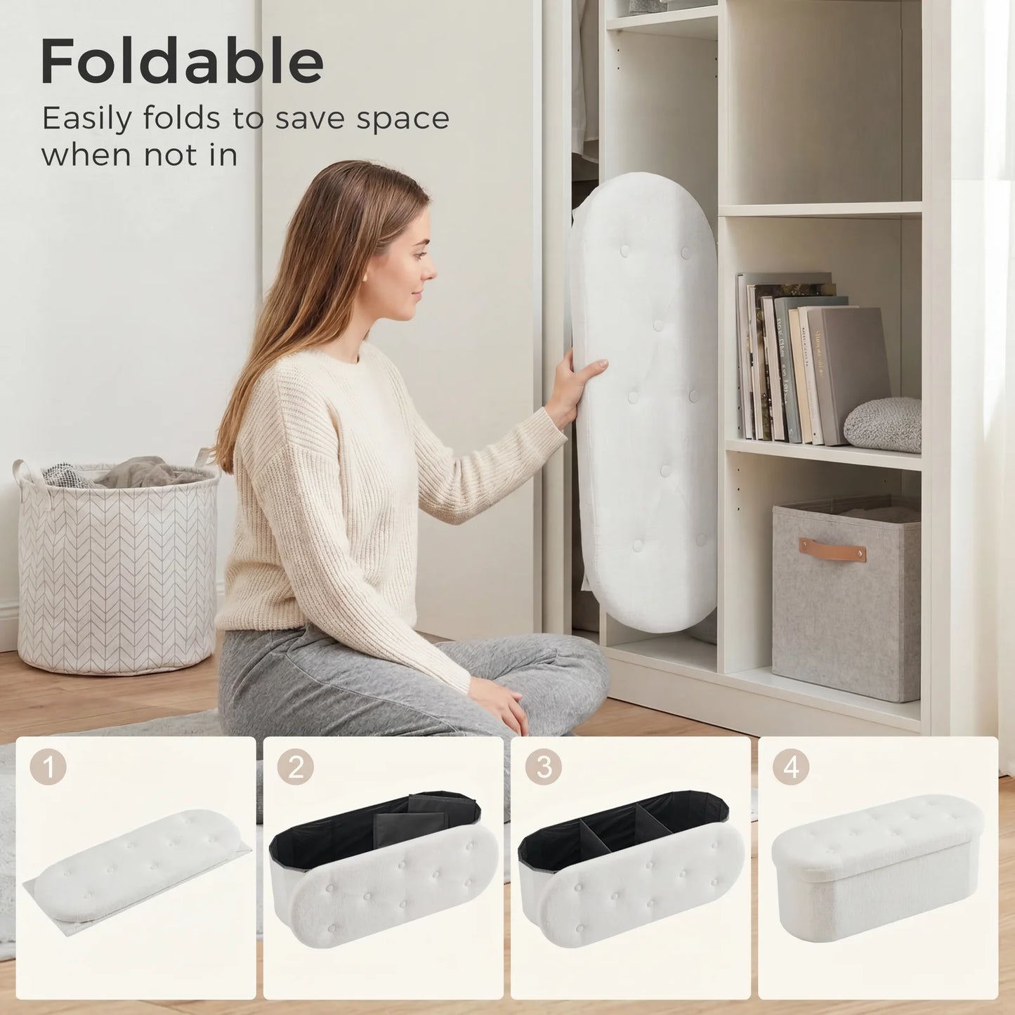 JHK Folding Storage Ottoman Bench With Teddy Fabric