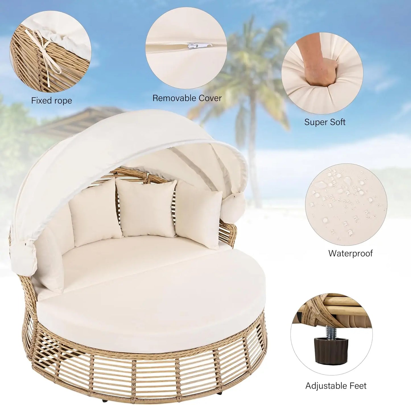 Outdoor Patio Rattan Round Daybed With Retractable Canopy Sunbed