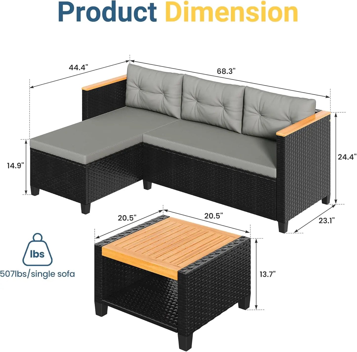 All Weather PE Rattan Outdoor Sectional Sofa Set With Storage Table For Balcony