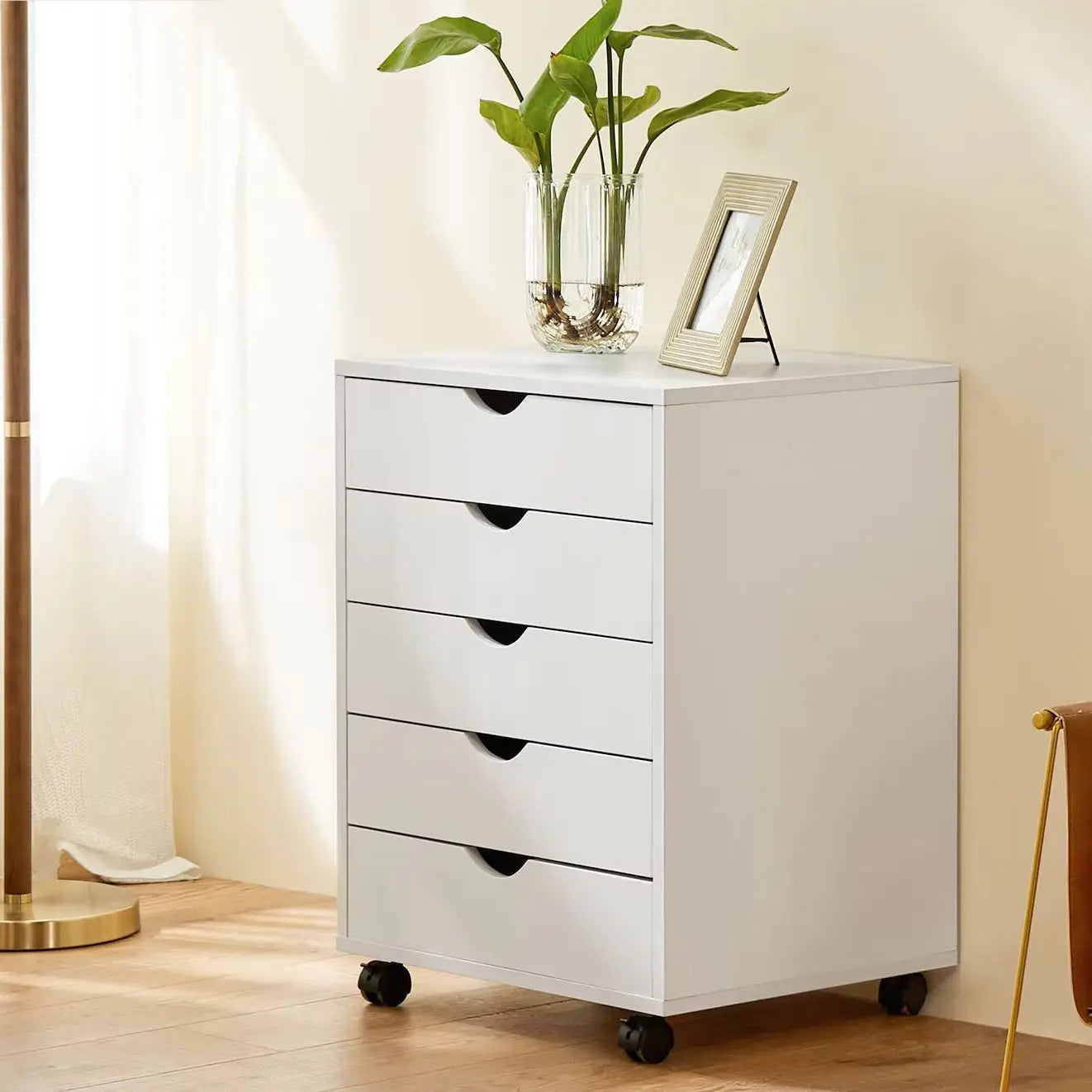 JHK Wood Nightstand 5 Drawer Storage Organizer With Rollers