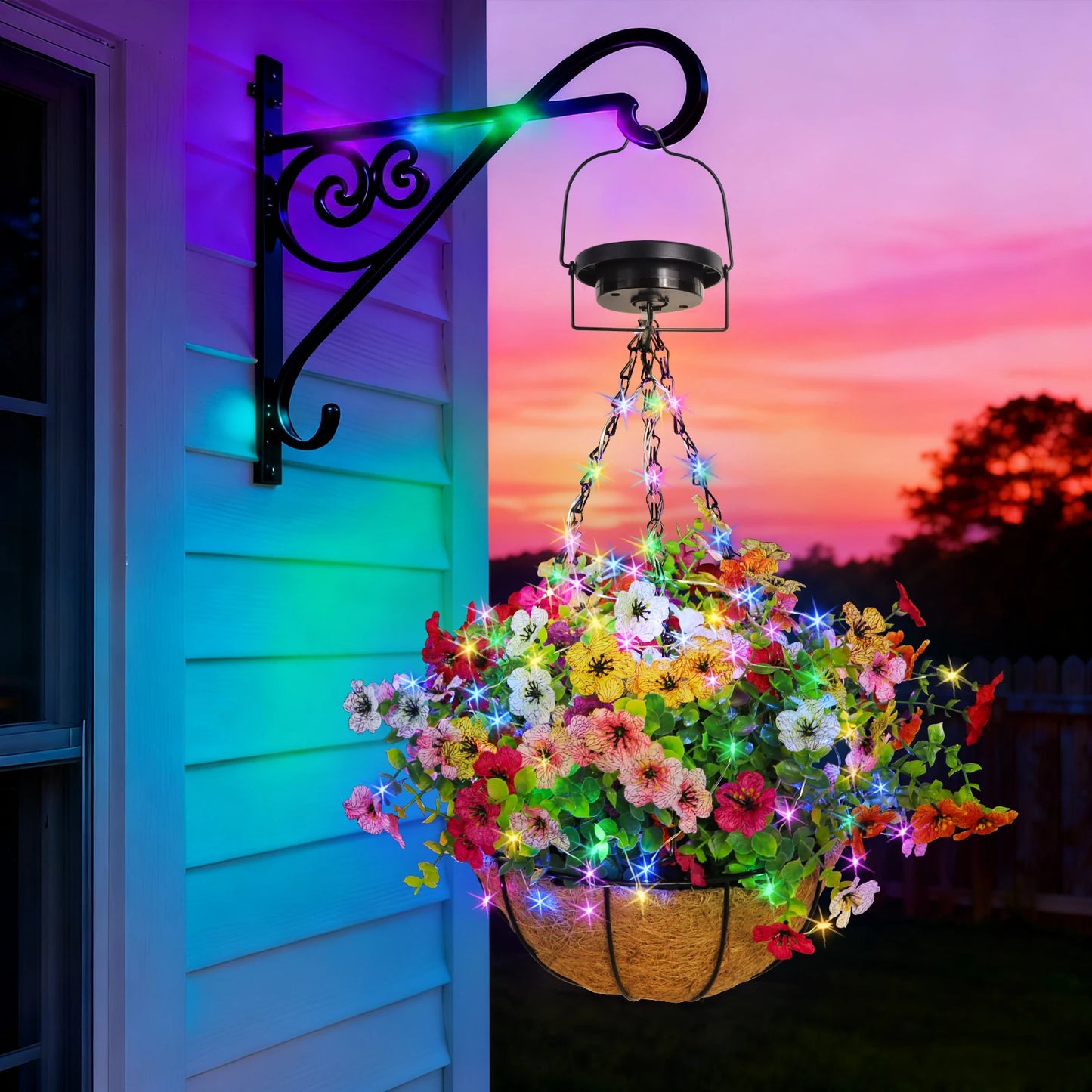 Solar-Powered Hanging Flower Basket Lights RGB Copper Wire