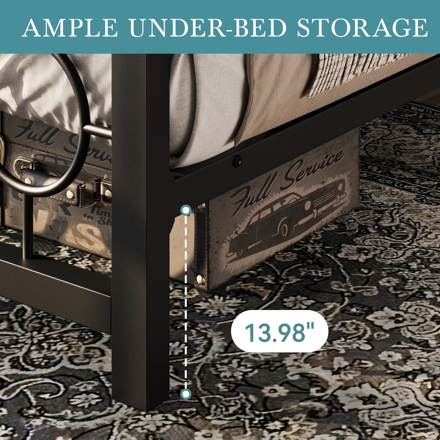 HOOMIC Metal Platform Bed Frame With Vintage Circular Headboard Storage