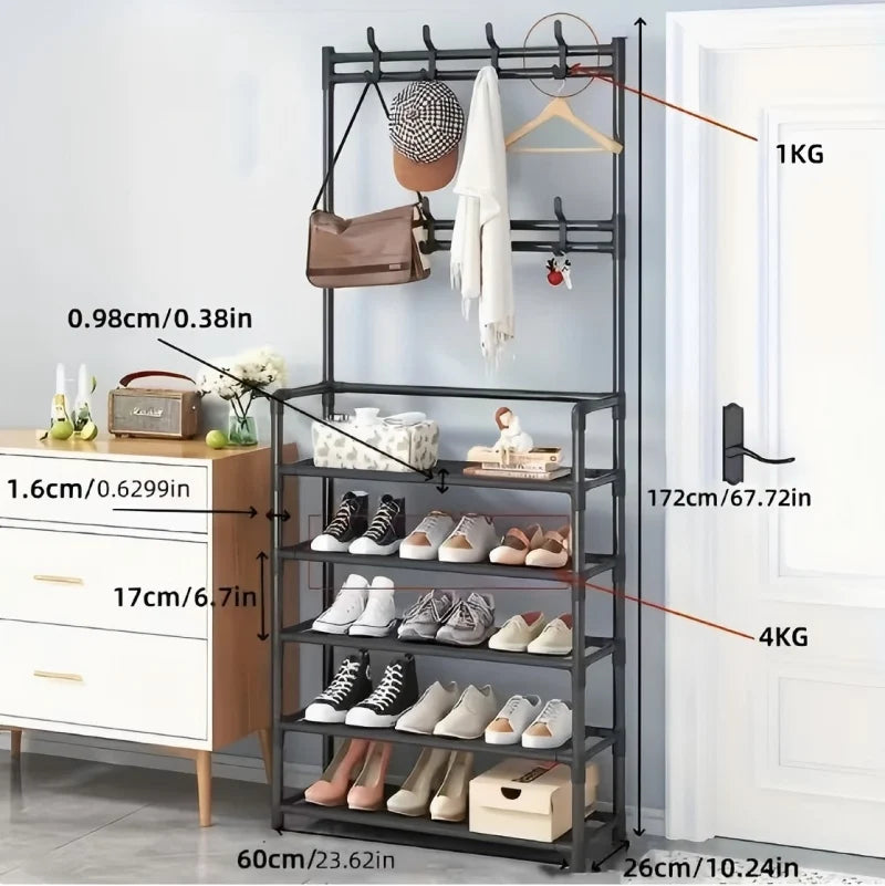 Five Tier Floor Shoe Rack Featuring Coat And Hat Hooks