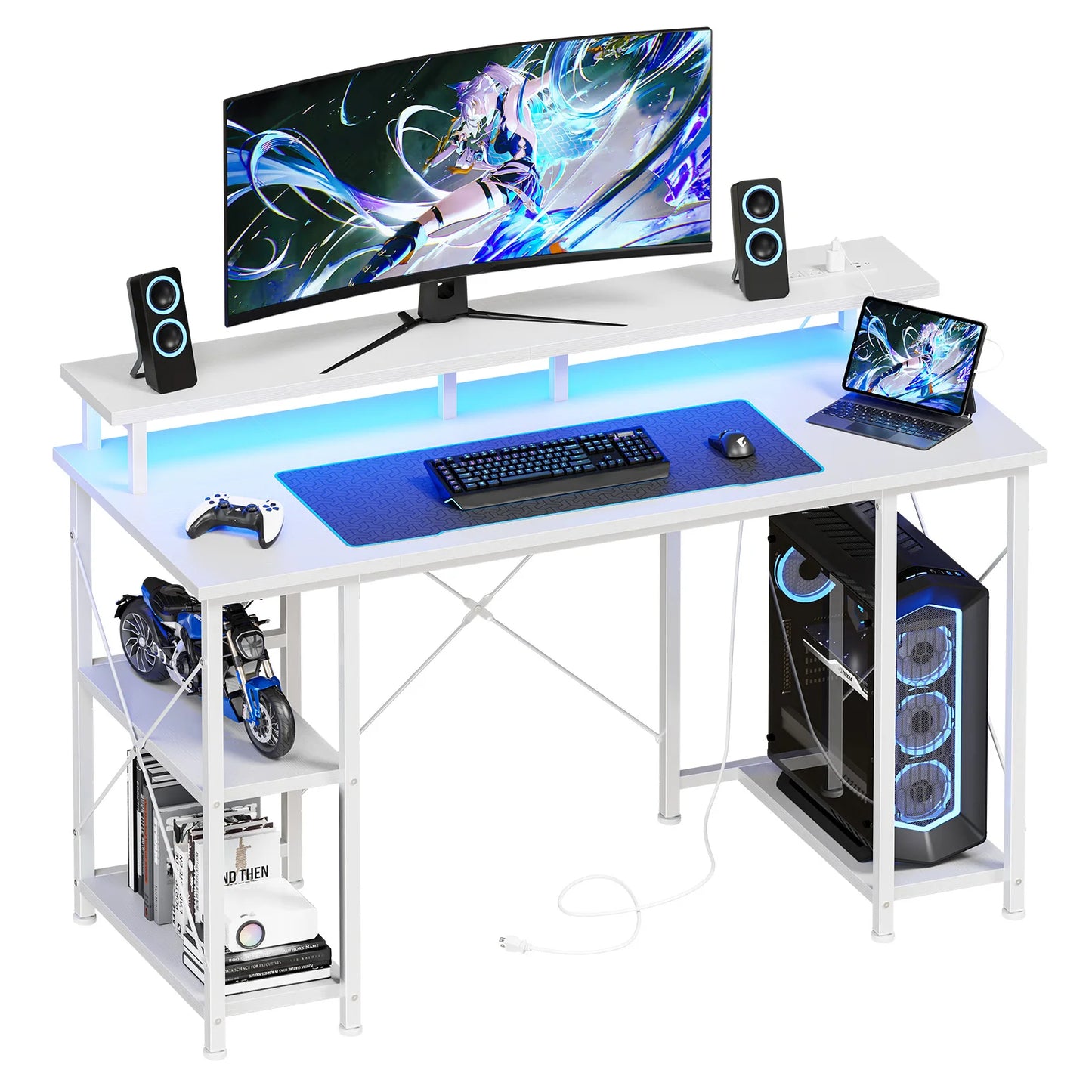 JHK Computer Desk With Shelves, Drawers, LED Lights, Power Outlets