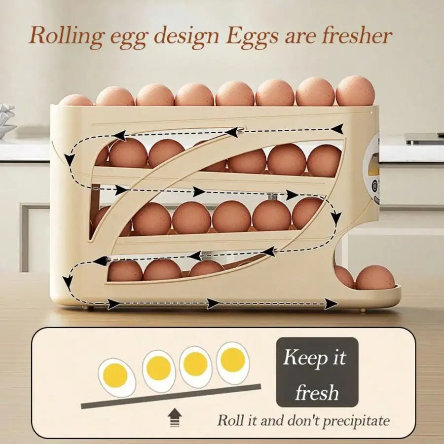 1pc Light Transparent 4-Tier Sliding Egg Dispenser, Automatic Rolling Shatterproof Holder For Fridge & Countertop, Easy-Clean, Washable, Industrial Food Supply Equipment,Space-Saving Refrigerator Side Door Storage Rack For Ki