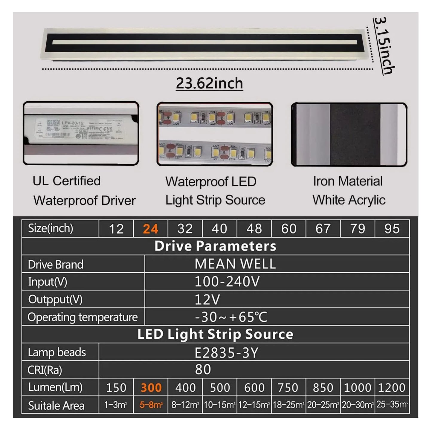 Outdoor Long Strip LED Wall Light Sconce Frosted Acrylic IP67