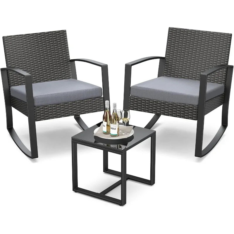 Three Piece Patio Furniture Set Rocking Bistro Outdoor Rattan With Coffee Table