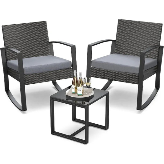 Three Piece Patio Furniture Set Rocking Bistro Outdoor Rattan With Coffee Table