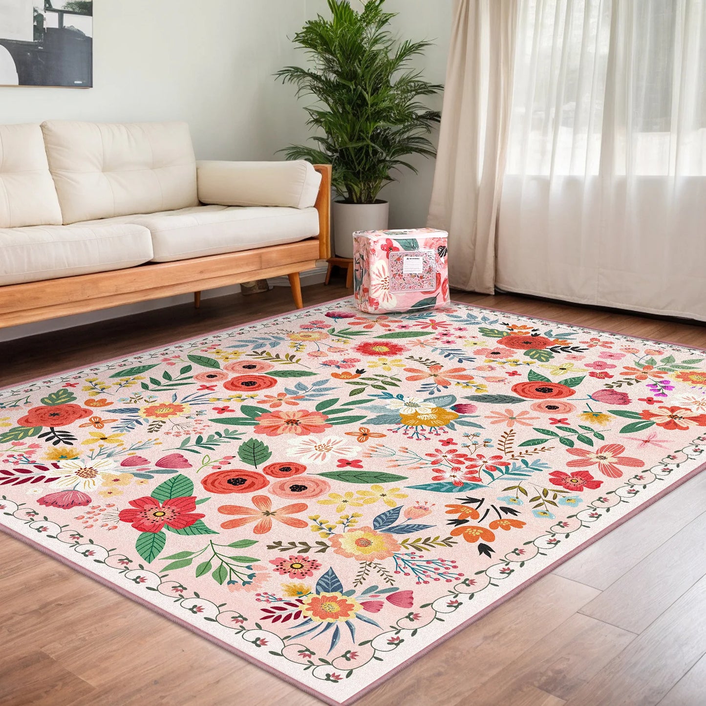 Boho Floral Indoor Rug Washable Non Slip Low Pile Carpet Pet Friendly