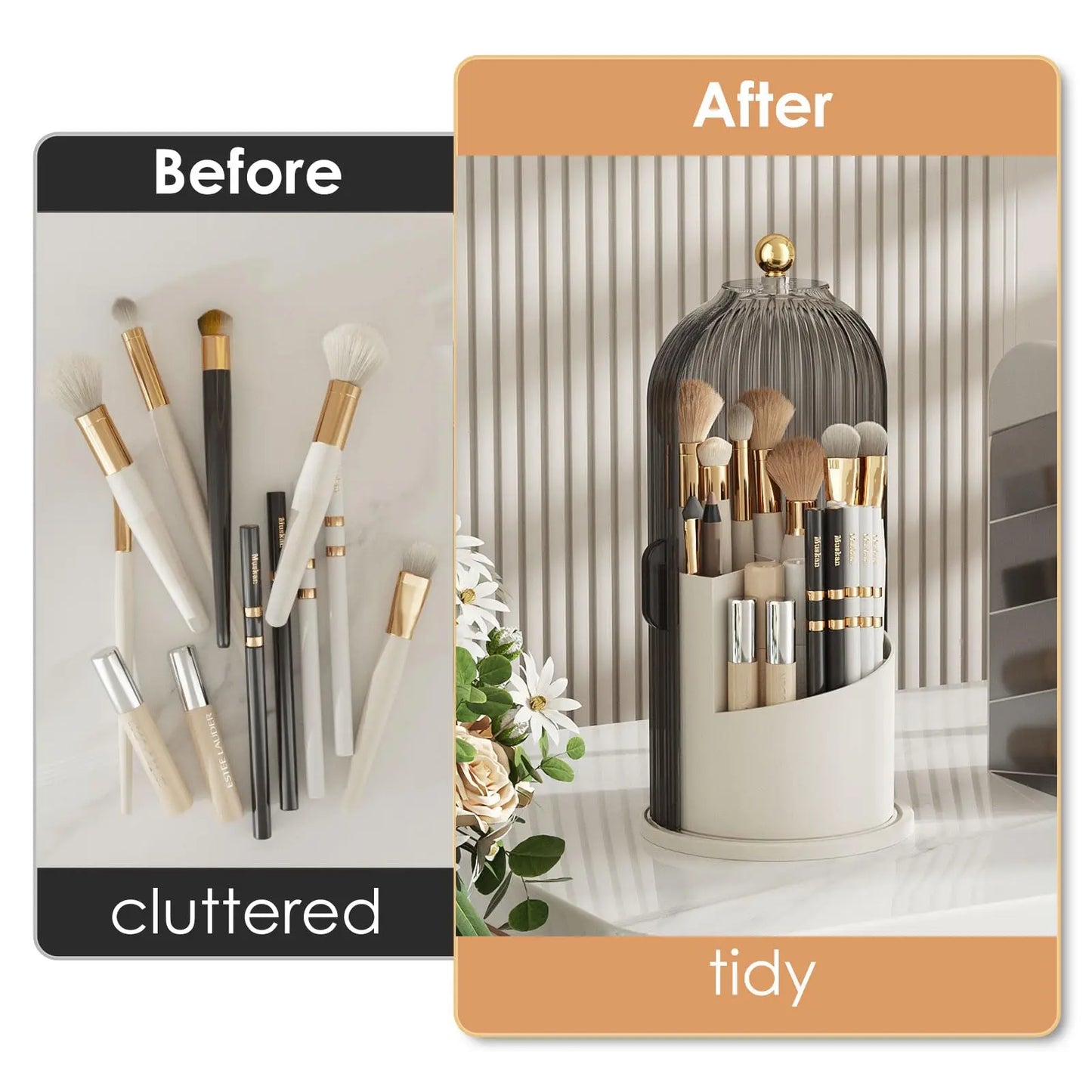 Rotating Makeup Brush Organizer With Dustproof Lid For Vanity Table