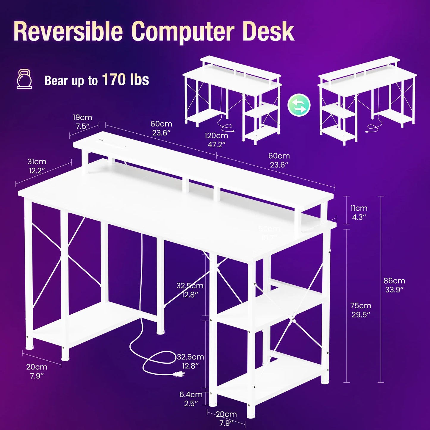 JHK Computer Desk With Shelves, Drawers, LED Lights, Power Outlets