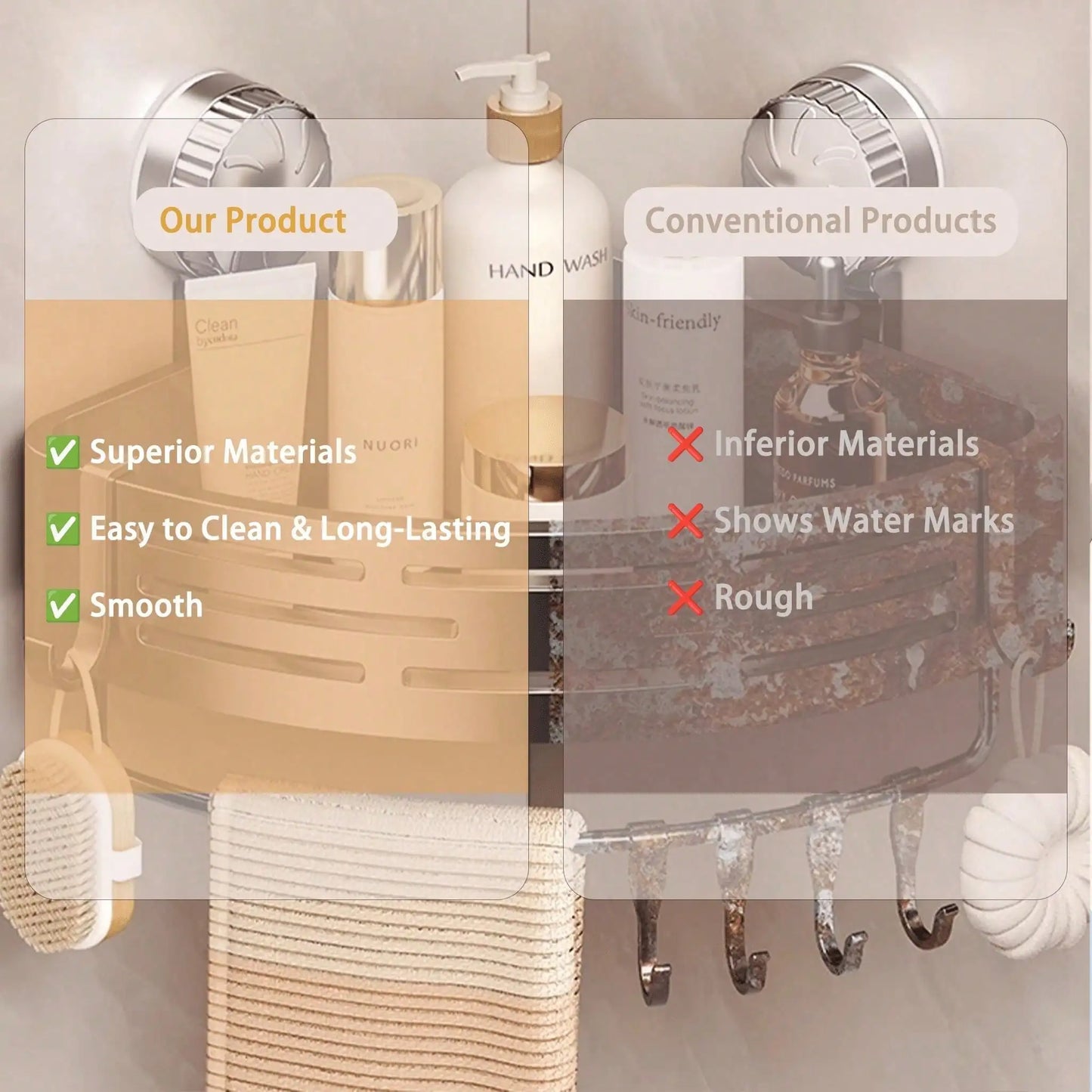 Suction Cup Shower Corner Shelf Wall Mount Organizer With Hooks