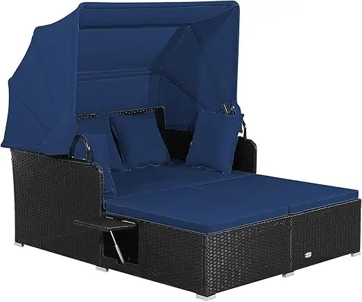Patio Rattan Daybed Wicker Lounger With Retractable Canopy Cushions