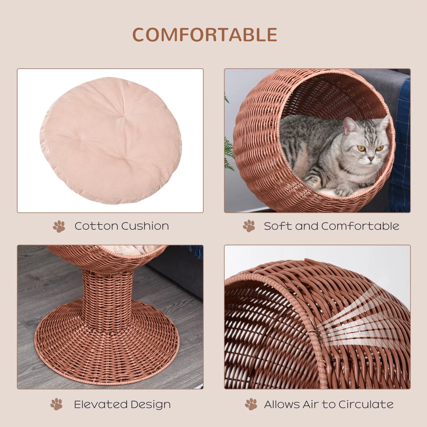 27" Rattan Wicker Elevated Pet Bed Cat Cave Condo Hooded Cushion Scratch House