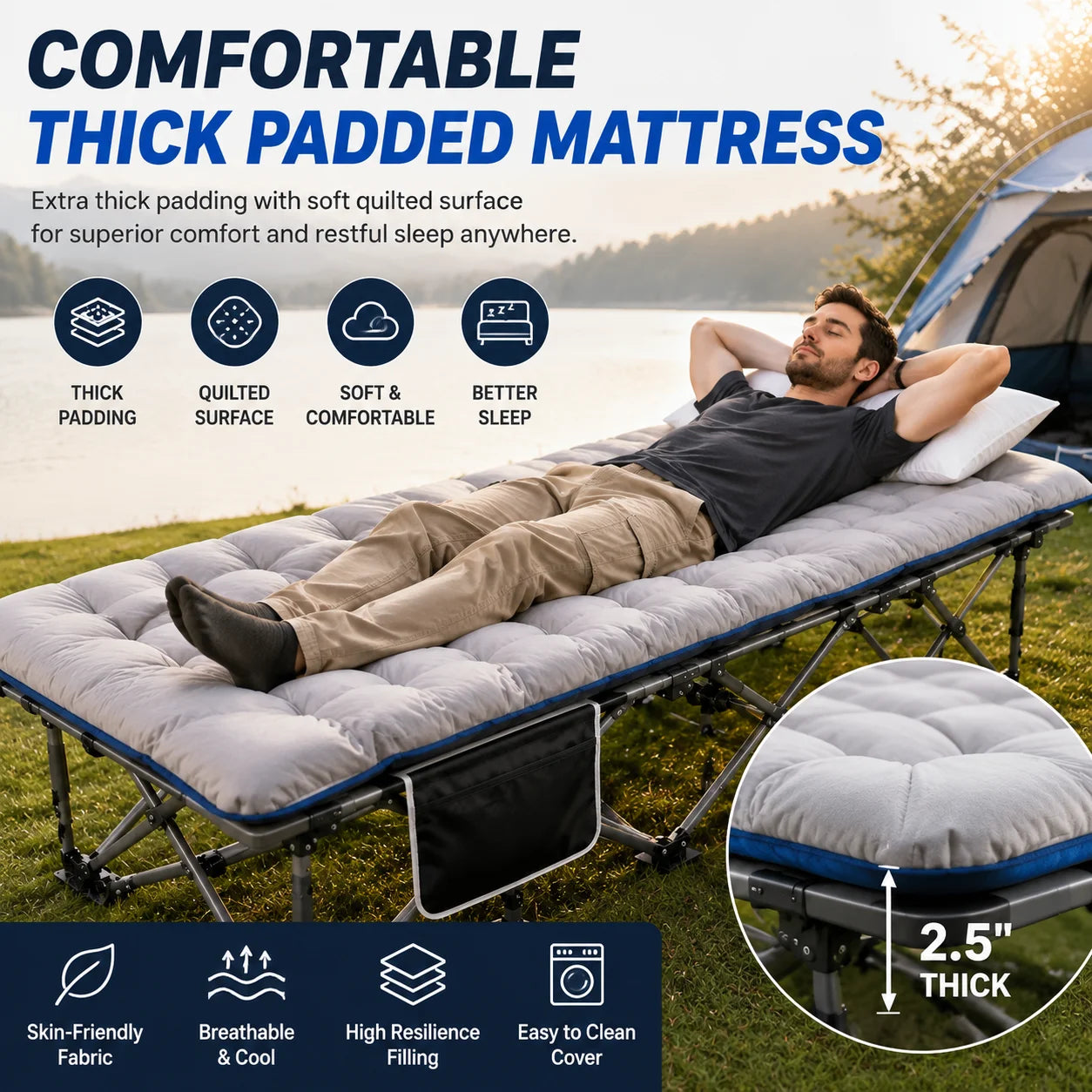 Portable Folding Camping Cot With Thick Padded Mattress Sturdy Frame