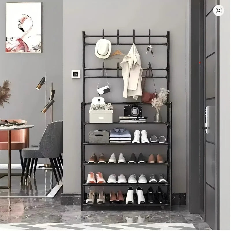 Five Tier Floor Shoe Rack Featuring Coat And Hat Hooks