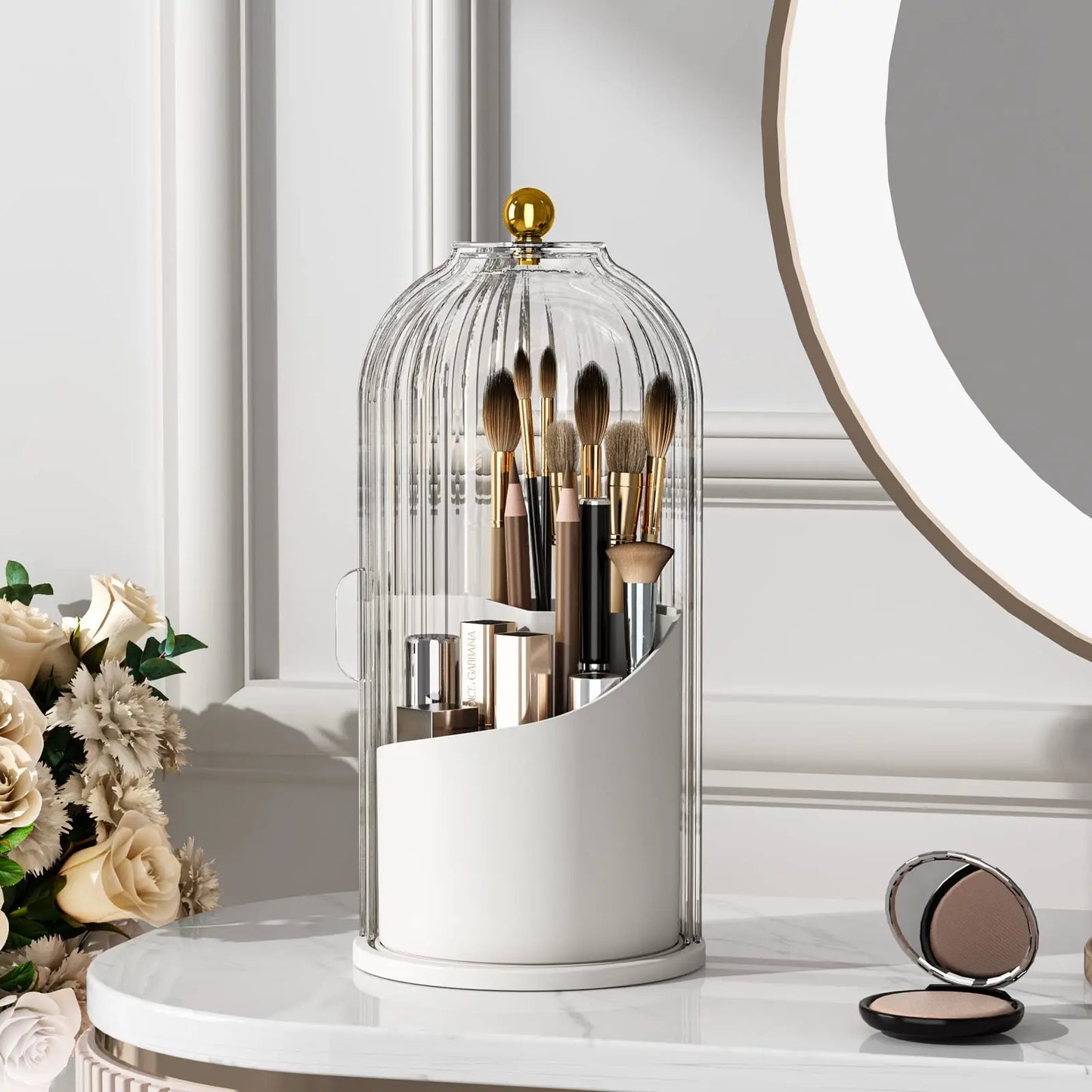 Rotating Makeup Brush Organizer With Dustproof Lid For Vanity Table