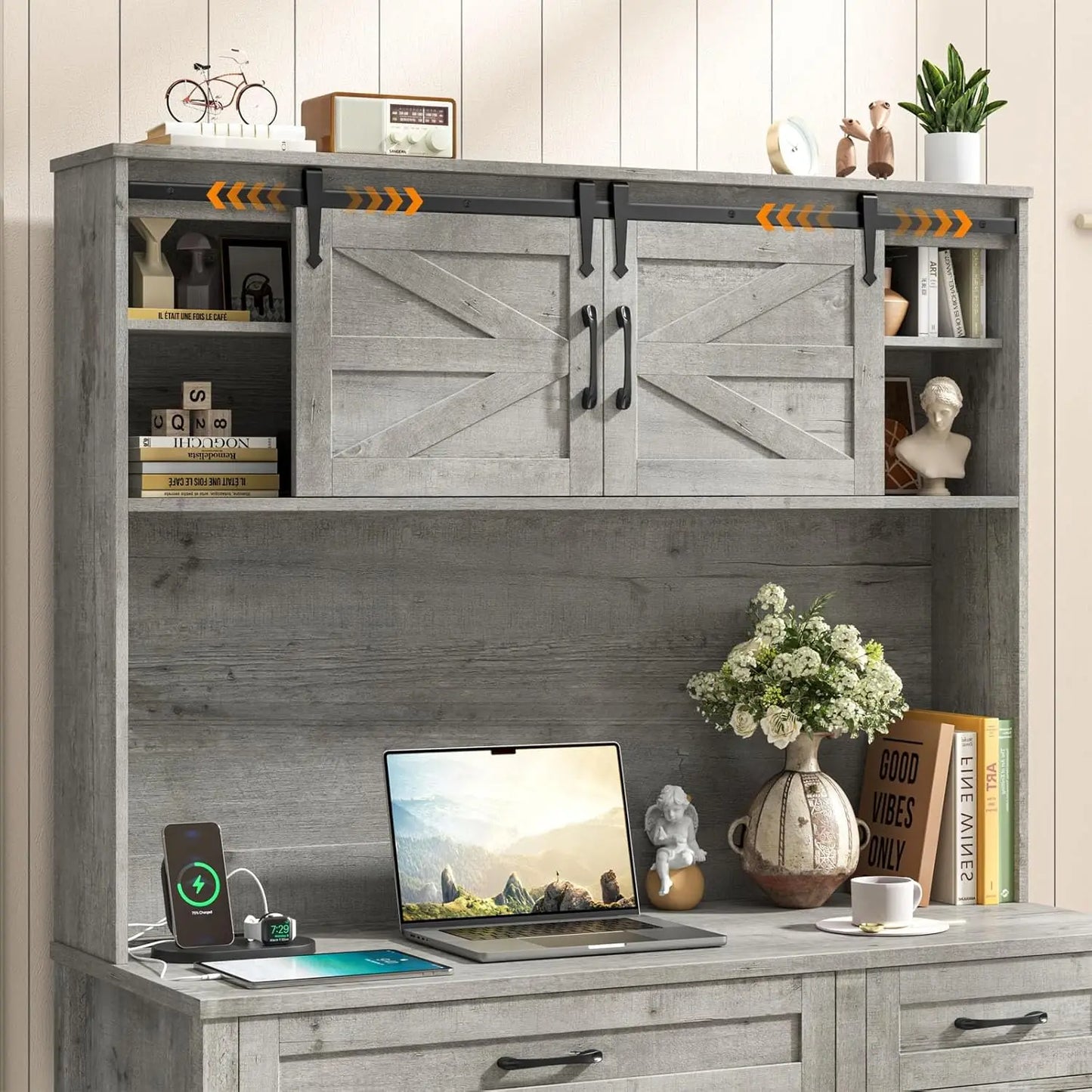 Executive Desk Hutch with LED Light 5 Drawers Charging Station