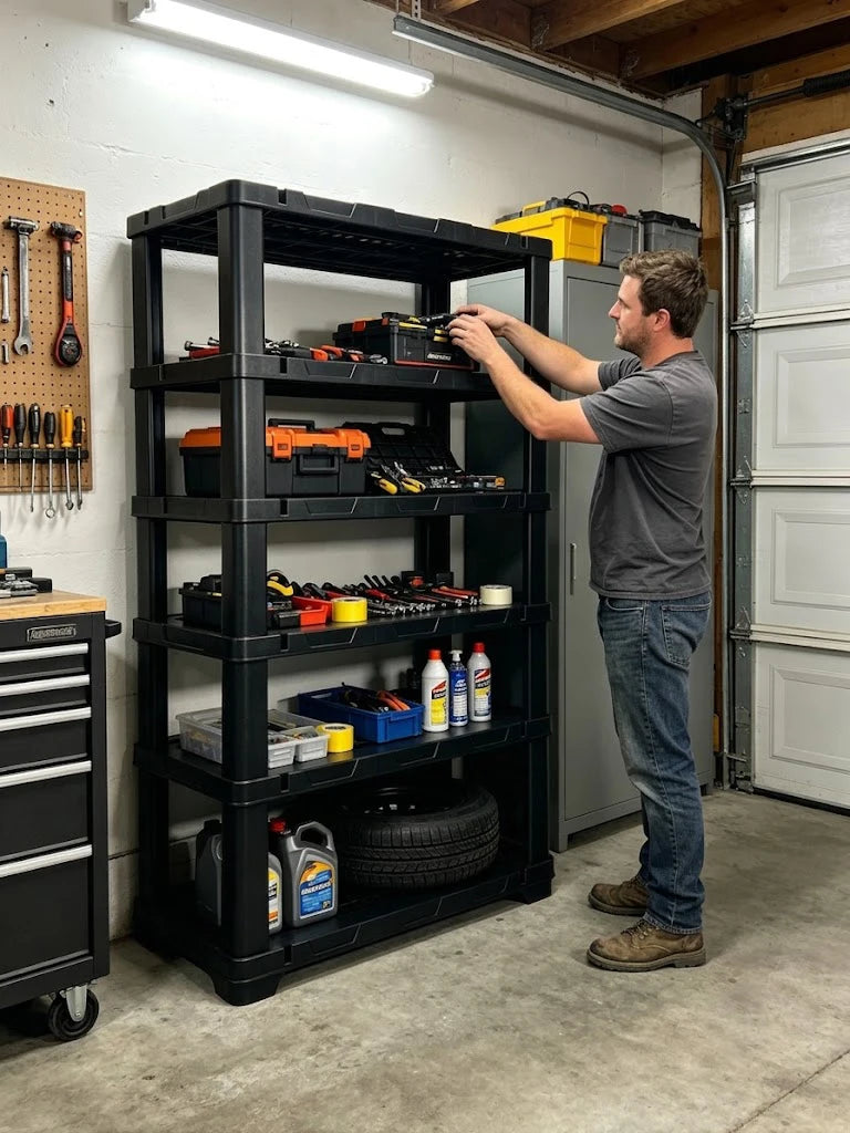 Plastic Storage Shelving Unit Four And Five Tier Heavy Duty Utility Rack