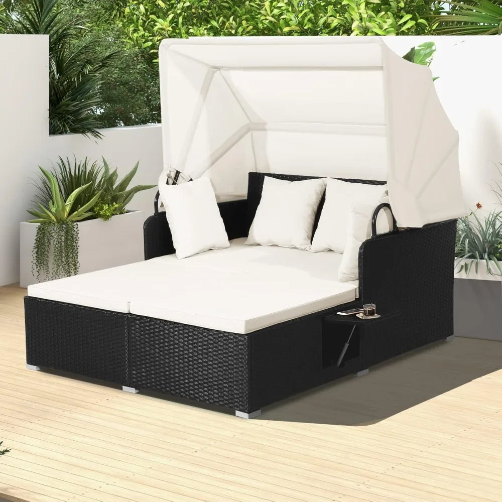 Patio Rattan Daybed Wicker Lounger With Retractable Canopy Cushions