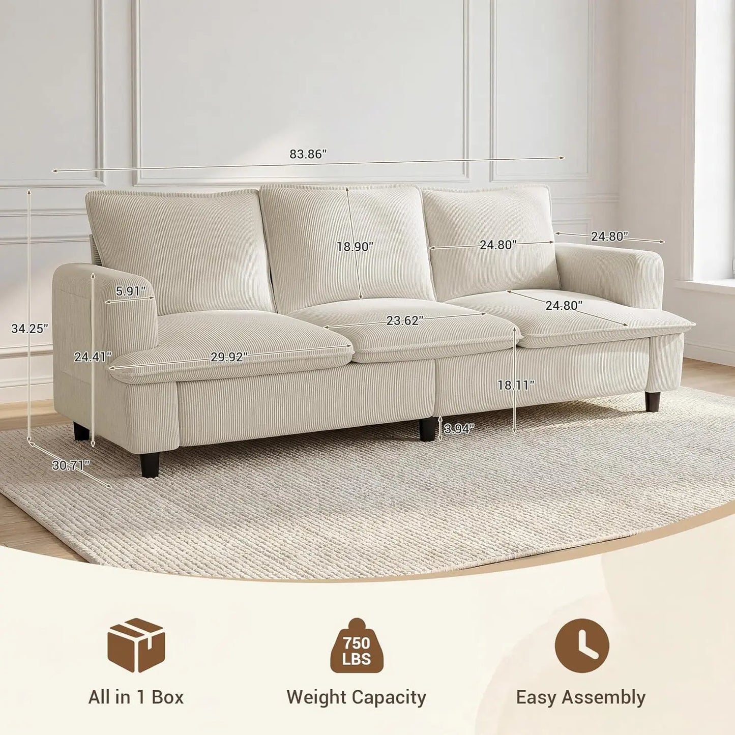 3 Seater Couch, 83" Comfy Corduroy Sofa with Deep Seat, Modern Sofa Couch for Living Room, Office, Bedroom, Apartment, Custom
