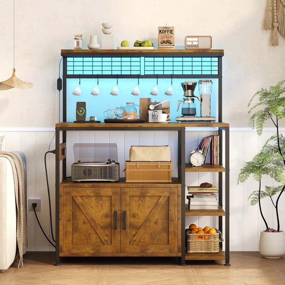 Bakers Rack With Power Outlet LED Light Microwave Stand