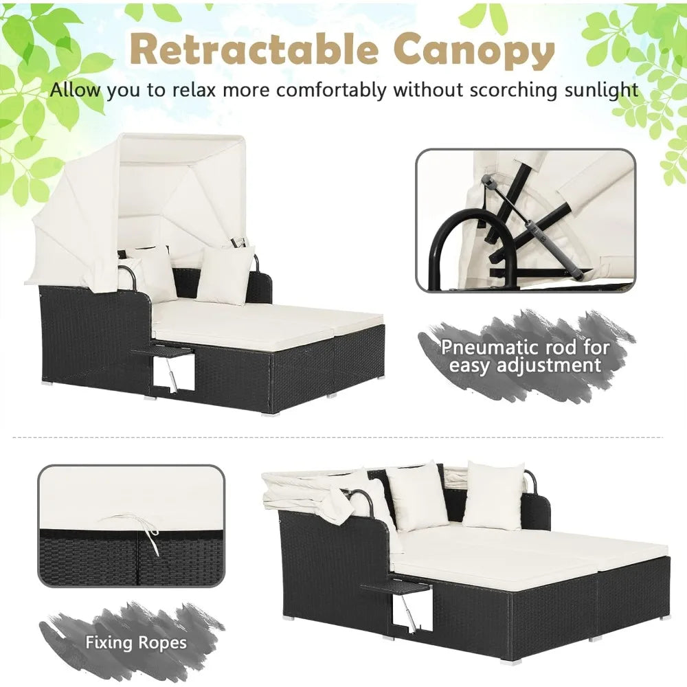 Patio Rattan Daybed Wicker Lounger With Retractable Canopy Cushions
