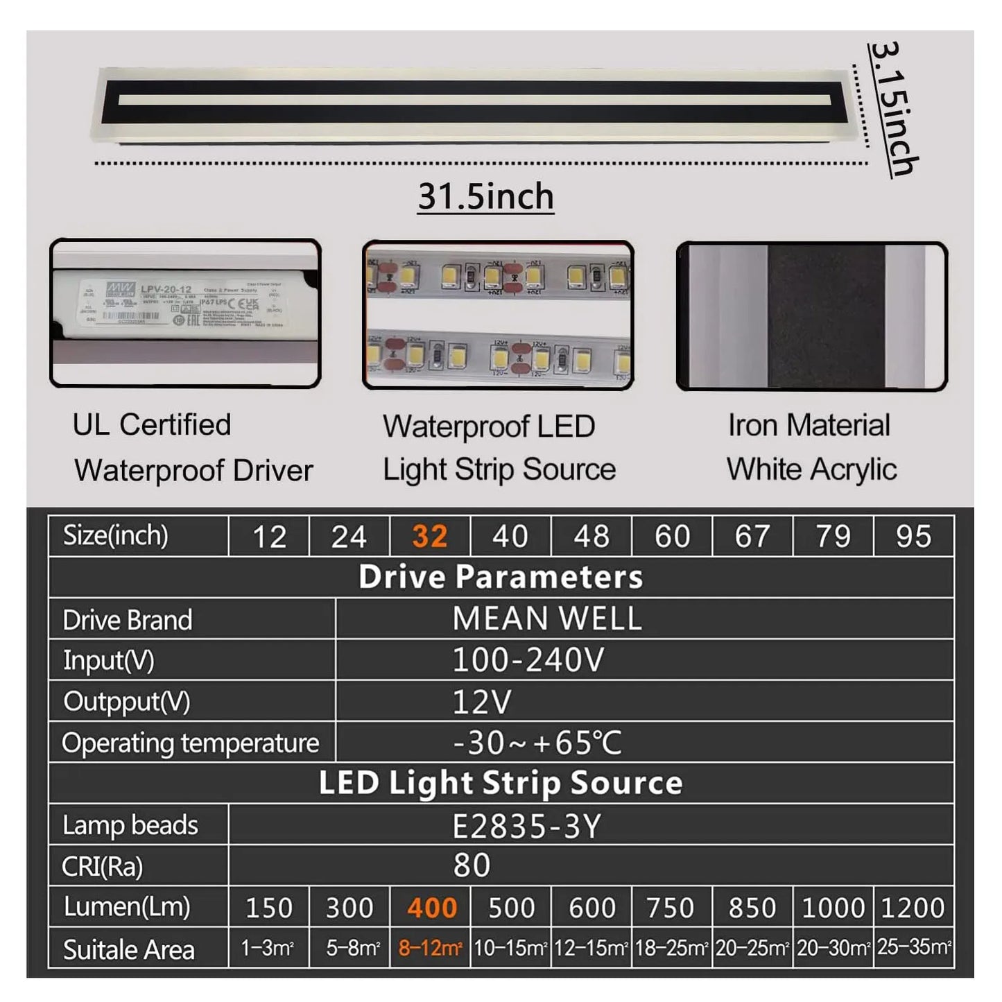 Outdoor Long Strip LED Wall Light Sconce Frosted Acrylic IP67